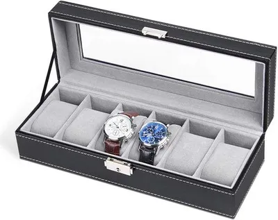 Image de Boîte à montres en similicuir, 6 compartiments, noire, cuir