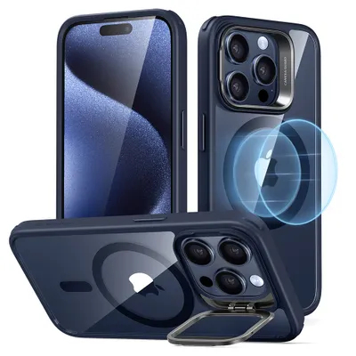 Image de Coque ESR Classic Hybrid HaloLock avec béquille pour iPhone 15 Pro - transparente, bleu foncé