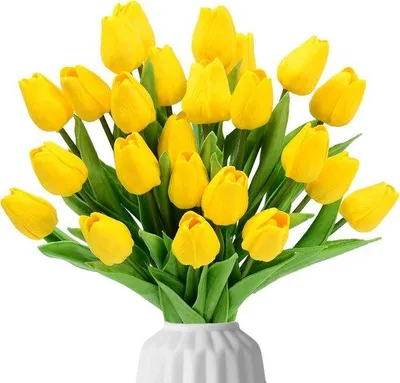 Zdjęcie produktu dla 10 sztuk sztucznych kwiatów – tulipanów na stół, do domu, na imprezę – żółta dekoracja – 33 cm