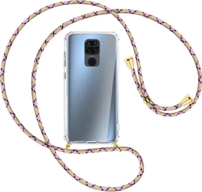 Produktbild von Handykette Backcover-Schutzhülle mit Band (Metall goldfarben) für Xiaomi Redmi Note 9 / 10X 4G - rosa Karo