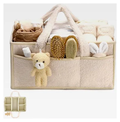 Produktbild von Wickeltaschen Organizer, Wickeltisch Organizer, Tragbarer Wickelkorb mit Herausnehmbaren Fächern, Plüsch Wickelorganizer mit Griffen, Baby Aufbewahrungskorb für Wickel- und Babysachen (Cremefarben)