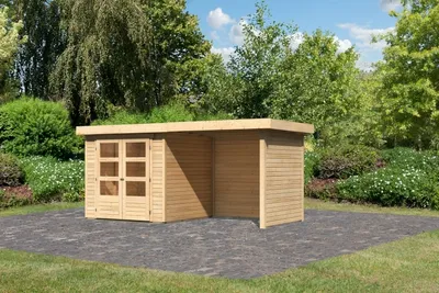 Produktbild von Karibu Gartenhaus Gerätehaus Askola 2 im Set mit Anbaudach 2,40 m Breite und 19 mm Seiten- Rückwand naturbelassen 433x217x211 cm