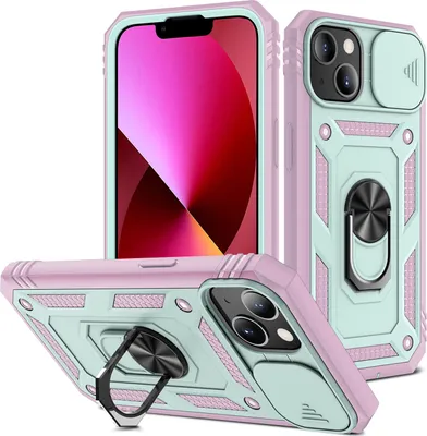 Produktbild von iPhone 14 Plus Hülle, Schiebe Kamera Schutz Robust Rüstung Stoßfest Schutzhülle mit Ringhalterung Ständer Kartenhalter für iPhone 14 Plus Pink Grün