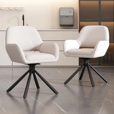 Productafbeelding van Draaibaar, gemaakt van Sherpa-stof, set van 2, met armleuningen, modern en eenvoudig design, eetkamerstoel, wit
