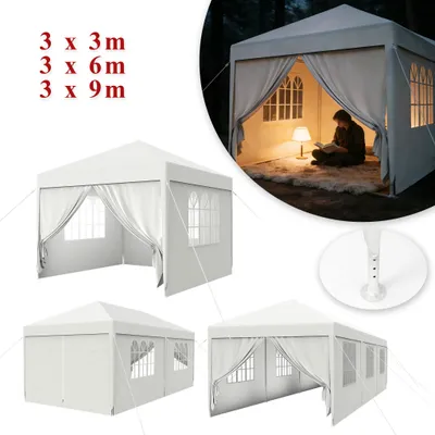 A collage of images showing a white party tent from different angles, including one with a person inside reading a book.