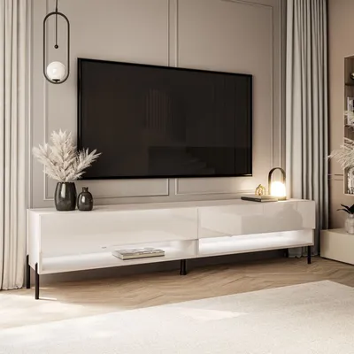Produktbild von RTV Schrank CALANTE 180 cm auf Beinen mit LED-Beleuchtung Kaschmir / Kaschmir Hochglanz gerade schwarze Beine