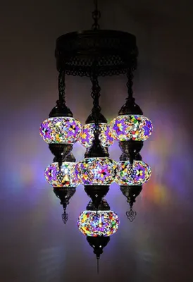 Produktbild von 7-globige türkische Hängelampe aus Mosaikglas in multicolor – orientalische Kronleuchter mit 7 Mosaikglaskugeln