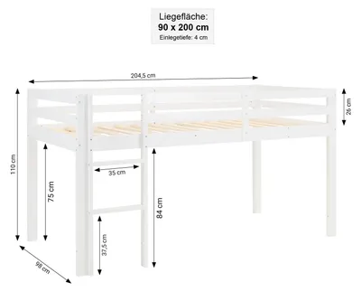 Produktbild von Homestyle4u Hochbett 90x200 Kinder mit Rutsche mit Lattenrost Vorhang Blau Junge Kinderbett Weiß Holz Massiv Jugendbett Spielbett mit Rausfallschutz