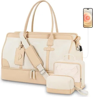 Immagine prodotto di Borsa da viaggio Unyqoos® Weekender per donna – grande borsa da viaggio con scomparto per scarpe e scomparto impermeabile, borsa da palestra/borsa sportiva con beauty case, borsa per l'ospedale (beige-kaki)
