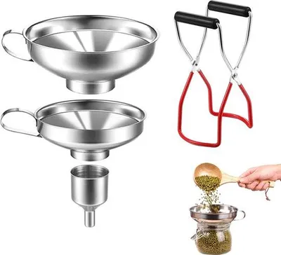 Produktbild von 4-teilig Trichter-Set - Einmachglaszange - Küchentrichter - Edelstahl - Klemmen + 3 Trichter - Zum Umfüllen von ätherischen Ölen und Flüssigkeiten