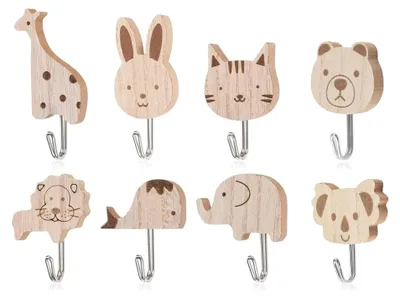 8er-Set Tierhaken aus Holz, selbstklebend, für Kinderzimmer