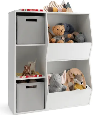 A white toy storage unit filled with stuffed animals and fabric bins.