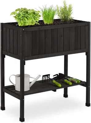 Obrázok produktu pre Vyvýšená posteľ na nožičkách s obložením a úložným priestorom - 80 x 74 x 38 cm - Borovicové drevo - Čierna - Na záhradu, balkón a terasu