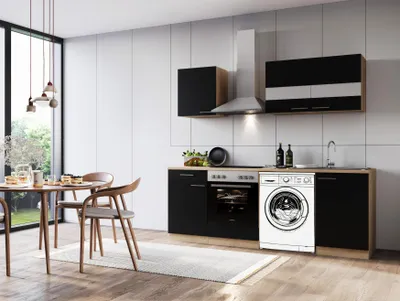 A modern kitchen setup with a dining table and chairs in the foreground, and kitchen cabinets, appliances, and a range hood in the background.