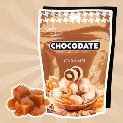 Produktbild von Chocodate Caramel Flavor – Datteln mit Caramel, Milch- & Weißschokolade & Mandeln (90 g)  + Heartforcards Versandschutz