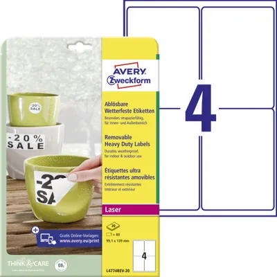 Produktbild von Avery Zweckform L4774REV-20 Wetterfeste Etiketten, ablösbar, 99,1 x 139 mm, 20 Bogen/80 Etiketten, weiß