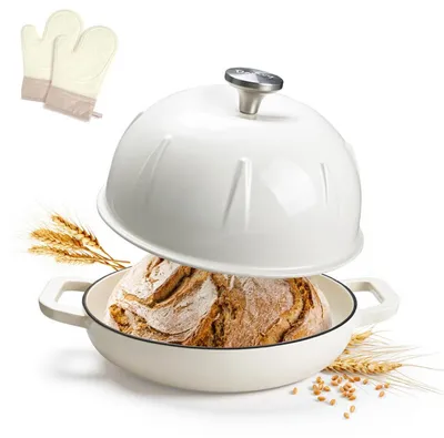 Obrázek produktu pro Nádoba na pečení chleba z litiny, objem 5,35 litru, průměr 25 cm, bílá, včetně rukavic do trouby