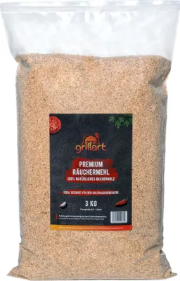 A large bag of grillart Premium Räuchermehl (smoking flour) made from beechwood.