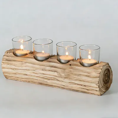 Produktbild von Adventskranz aus Holz, längliche Kerzenhalterung: mit 4 Glas-Kerzenständern, Adventszahlen für 4 Kerzen