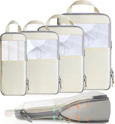 Produktbild von PolkaHome® Kofferorganizer Set 4-teilig, Packing Cubes mit Kompression & wasserdichtem Polyester, Reiseunterbringung für Rucksack oder