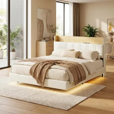 Immagine prodotto di INONEFT, letto sospeso 140 × 190 cm, imbottito con spazio contenitore nella testiera e rete a doghe, dotato di prese USB e illuminazione LED, rivestito in PU, colore bianco