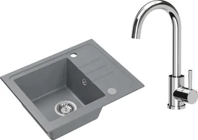 Immagine prodotto di VBChome Lavello in granito grigio con rubinetteria 55 x 44 cm Lavello da incasso a vasca singola Maculato Reversibile Lavello in granito Sifone Lavandino Rubinetteria cromata
