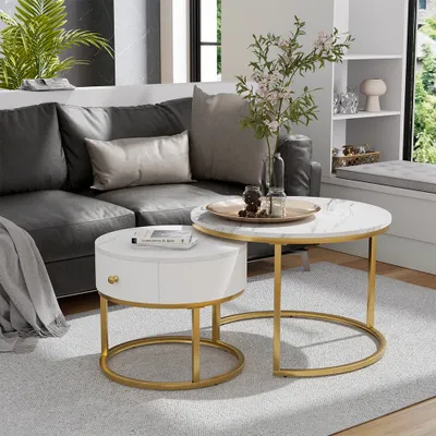 Obrázek produktu pro Sada konferenčních stolků Vicco Madrid Bílý mramor 70 x 70 cm , malý stolek se zásuvkou, Model 51682