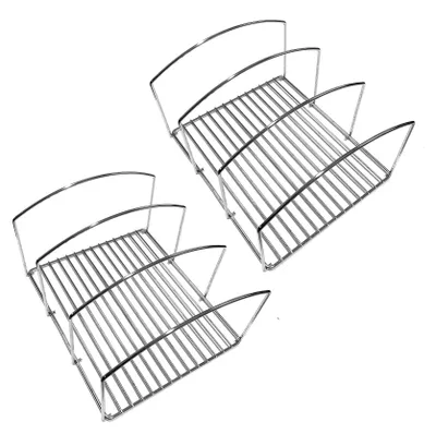Two metal racks for holding pots, pans, or lids, presented on a white background.