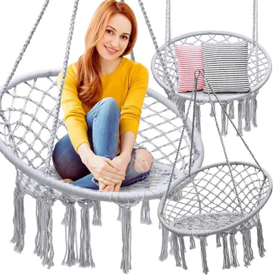 Produktbild von Hängeschaukel Storchennest Makramee grau BOHO-Stil, 60 cm Sitzbreite, 80 cm Rückenlehnenbreite, wetterbeständig, 120 kg Tragkraft