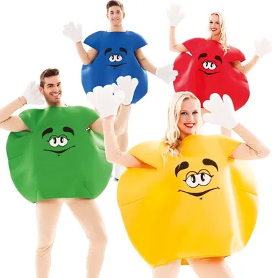 Schokolinsen Kostüm Set für 4 Erwachsene gelb grün rot blau Sweet Candy Gruppenkostüm Paarkostüm Fasching Karneval Mottoparty Lebensmittel Sü0igkeit Schokobonbon Bonbon