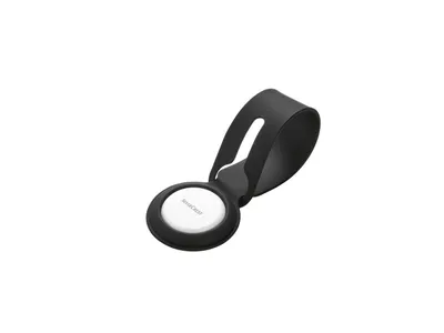 A black holder with a white smart tag inside, presented on a white background.