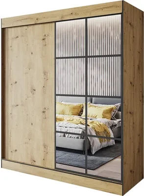 Produktbild von Easy4You S2 180 cm Artisan Schiebetüren Kleiderschrank 180x206x65 cm mit Spiegel - Schlafzimmermöbel, Aufbewahrung - Mehrzweckschrank