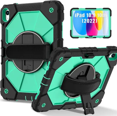 Produktbild von Hülle für iPad 10th Gen 2022 10,9 Zoll Tablette Schutzhülle Stoßfeste mit 360 Drehbarer Handschlaufe/Ständer Schwarz Türkis
