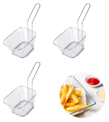 Produktbild von Servierkörbchen aus Edelstahl - 3er Set Mini-Frittierkörbe mit Griff - für Pommes Frites Garnelen und Zwiebelringe