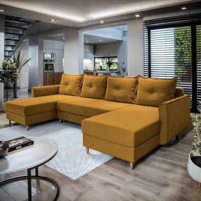 Produktbild von Masseno Ecksofa VERNI mit Schlaffunktion U-Form, Sofa mit Bettkasten, Wohnzimmersofa, Couch, Soffa, Bettsofa, Couchgarnitur- Gelb, KRONOS 01