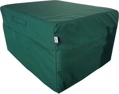 A green storage bag for a folding mattress.