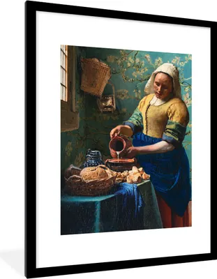 Produktbild von MuchoWow® Gerahmtes Poster Milchmädchen - Mandelblüte - Van Gogh - Vermeer - Gemälde - Alte Meister 60x80 cm - Poster mit Schwarzem Bilderrahmen Wandposter Rahmen Foto Bilder - Wohnzimmer - Dekorationen - Prämie