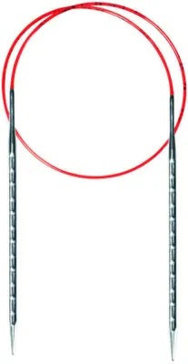 A pair of circular knitting needles with a red cord and silver metal tips, presented against a white background.