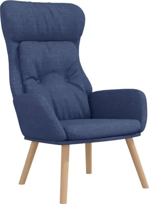 A blue fabric armchair with wooden legs, shown against a white background.
