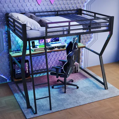 Obrázek produktu pro MODFU patrová postel 90×200 cm s LED ambientním osvětlením, dětská a juniorské postel s psacím stolkem, konzolí, zásuvkou + USB, bez matrace, černá