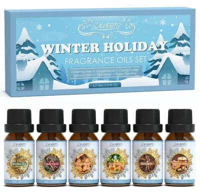 Produktbild von Ätherische Öle Set für Diffuser 6 x 10ml – Zimt, Weihnachtsbaum, Lebkuchen, Zuckerstangen, Gewürzmost, Zuckerplätzchen