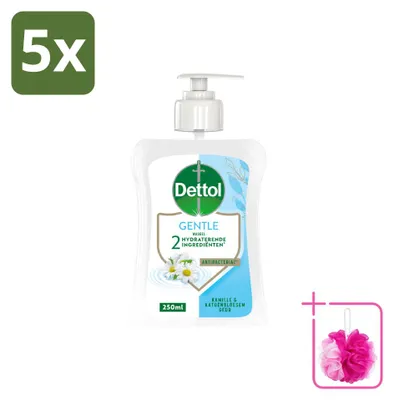 Imagen del producto de 5 unidades de jabón líquido para manos Dettol, fórmula suave, con extracto de manzanilla y algodón, 250 ml, pack económico