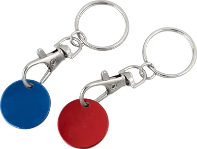 Produktbild von 2x Metall-Schlüsselanhänger / mit Einkaufschip / Farbe: je 1x rot + blau