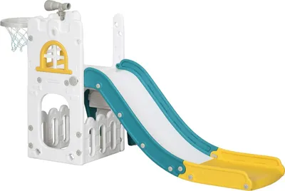 Produktbild von Kinderrutsche, 4 in 1, Kleinkinderrutsche mit Basketballkorb, Teleskop Klettergerüst Gelb 70 x 177 x 92 cm