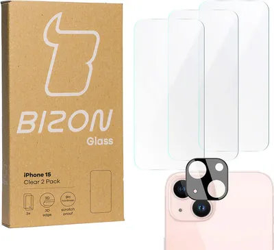 Produktbild von Gehärtetes Glas Bizon 3 Stück + Kameraschutz iPhone 15 Hartglas Schutzglas Handyglas