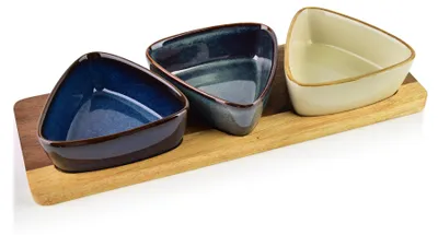 Produktbild von Servierbrett-Set Akazienholz/Porzellan Allesken Modern Kitchen 28x9,5 cm / 110 ml Natur/Weiß 4-tlg. (1 Brett + 3 Schälchen)