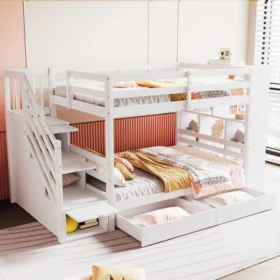 Produktbild von Etagenbett 90*200 cm, Kiefernbett, Kinderbett, Jugendbett, Sicherheitstreppe mit Staufächern, Stauraumschubladen, hohe Zaunkonstruktion