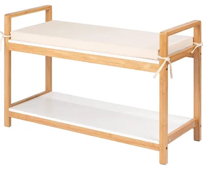 Schoenenbank mit Sitzkissen, Bamboe/MDF, 90x55x34 cm, weiß/natur