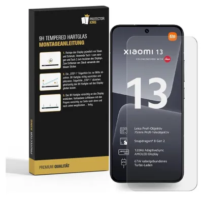A product box and a smartphone with a screen protector are shown. The box has installation instructions and branding, while the phone displays its features.