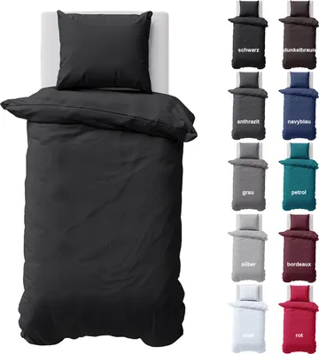 Produktbild von Bettwäsche 135x200 cm Bettbezug 100%Baumwolle Renforce Einfarbig Bettgarnitur Set Schwarz 2 teilig